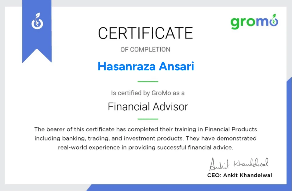 GroMo Certified Financial Advisor certificate, Hasanraza Ansari, Founder of HMA Wealth